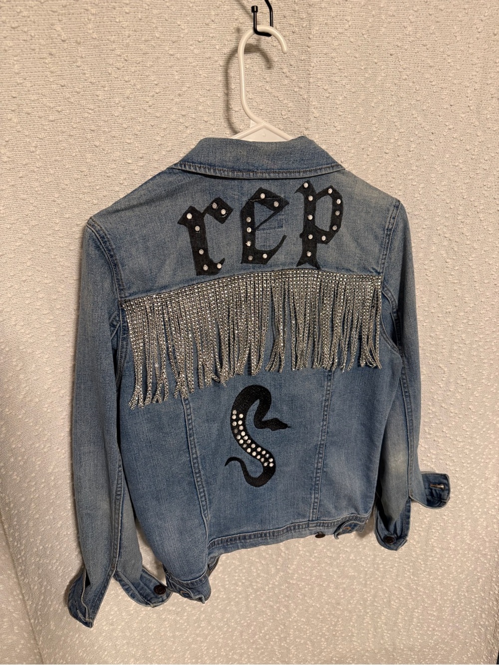 Custom Reputation Denim Jacket with Rhinestone Fringe, Taylor Swift themed